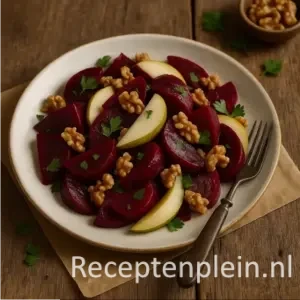 Een kleurrijke salade van gekookte rode biet in partjes, gecombineerd met dunne plakken rijpe peer, knapperige walnoten en blaadjes peterselie, geserveerd op een keramieken bord op een rustieke houten tafel.