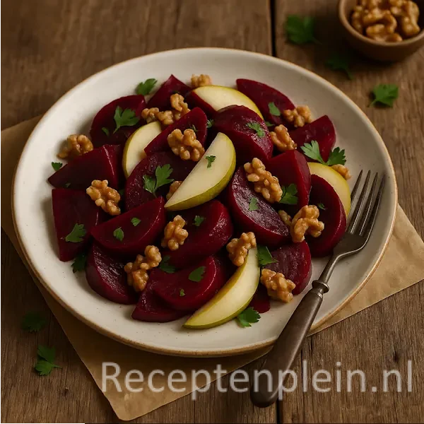 Een kleurrijke salade van gekookte rode biet in partjes, gecombineerd met dunne plakken rijpe peer, knapperige walnoten en blaadjes peterselie, geserveerd op een keramieken bord op een rustieke houten tafel.