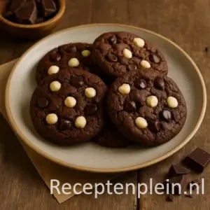 Vijf donkere chocoladekoekjes met witte en pure chocoladestukjes, geserveerd op een keramieken bord op een rustieke houten tafel, omringd door stukjes chocolade.