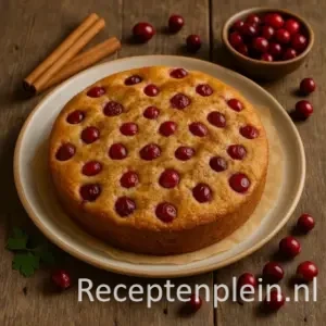 Een goudbruine cranberrycake rijkelijk gevuld met sappige cranberries en afgewerkt met een lichte kaneelbestuiving, geserveerd op een rustiek bord, omringd door kaneelstokjes, een schaaltje verse cranberries en een takje peterselie op een houten tafel.