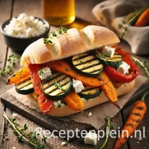 Broodje met gegrilde wortel, paprika en courgette, belegd met geitenkaas en tijm op houten tafel.