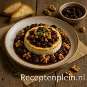 Een warm gerecht van romige geitenkaas, overgoten met portrozijnen en geroosterde walnoten in een donkere saus, geserveerd op een rustiek keramieken bord met een takje tijm en sneetjes brood op een houten tafel.