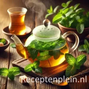 Een glazen theepot met dampende muntthee en verse muntblaadjes, geserveerd met een klein theeglas en een schaaltje suikerklontjes op een rustieke houten tafel.