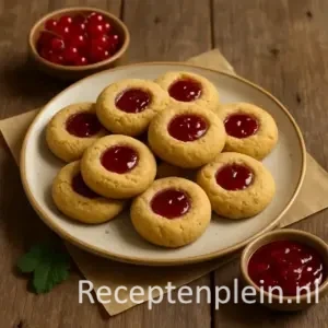 Een bord met versgebakken duimpjeskoekjes, gevuld met rode bessengelei. Op een houten tafel met een kommetje bessen, een schaaltje gelei en groene bessentakjes, sfeervol verlicht.