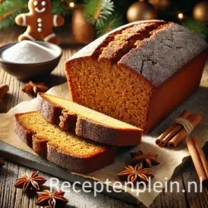 Goudbruine gingerbread cake op houten tafel, in plakken gesneden met kaneelstokjes en poedersuiker ernaast.