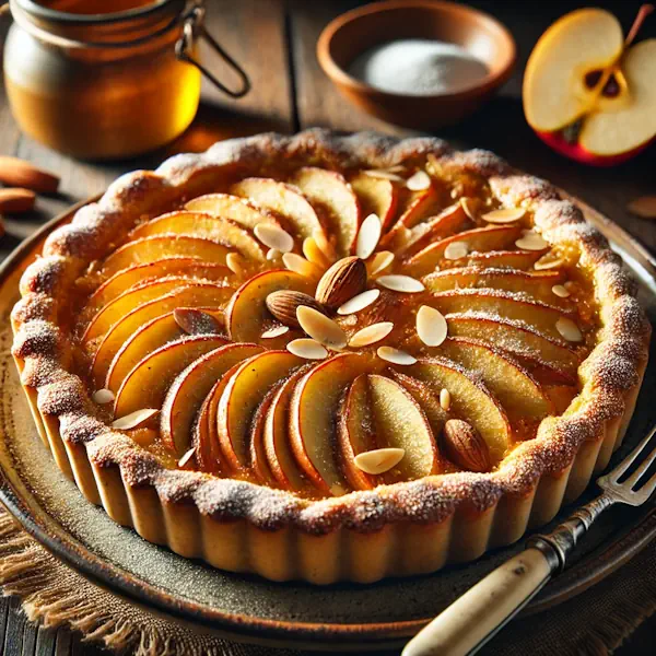 Glutenvrije taart met een goudbruine korst, gevuld met dunne appelschijfjes en zoete marsepein, bestrooid met poedersuiker en amandelschaafsel. Geserveerd op een keramisch bord met warme, huiselijke sfeer.