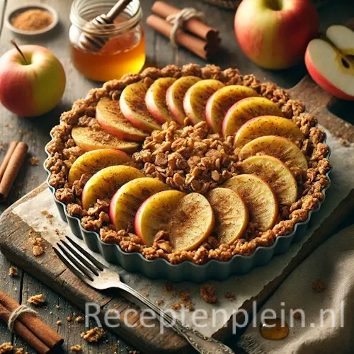 Een kleine ronde ontbijttaart met knapperige speltgranola bodem, belegd met warme appelpartjes met kaneel, geserveerd in een bakvormpje op een rustieke houten tafel met kruimels en een vork ernaast.