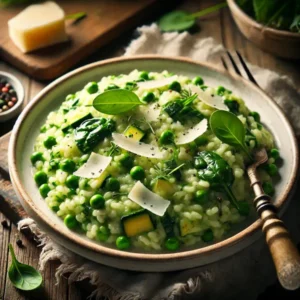 Romige risotto met doperwten, courgette, spinazie en verse kruiden, gegarneerd met geschaafde Parmezaanse kaas. Geserveerd op een wit keramisch bord met vork, in een warme en uitnodigende setting.