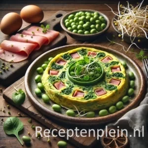 Een hyperrealistische foodfoto van groene omeletjes gevuld met ham en taugé, geserveerd op een bord op een donkere houten tafel met taugé, ham en kruiden eromheen.