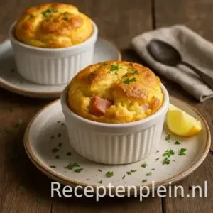 Twee luchtige hartige soufflés met blokjes ham en gesmolten kaas, geserveerd in witte ramekins op keramieken borden, gegarneerd met verse peterselie en een partje citroen, op een rustieke houten tafel.