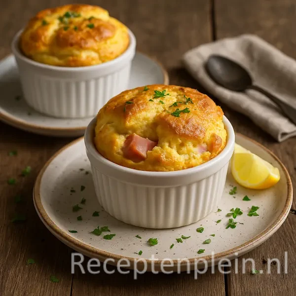 Twee luchtige hartige soufflés met blokjes ham en gesmolten kaas, geserveerd in witte ramekins op keramieken borden, gegarneerd met verse peterselie en een partje citroen, op een rustieke houten tafel.