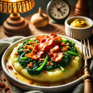 Romige stamppot van aardappelen en raapstelen, gegarneerd met knapperige spekreepjes. Geserveerd op een wit keramisch bord met een vork, met een schaaltje mosterd erbij, in een warme en huiselijke setting.