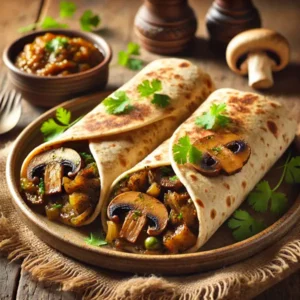 Glutenvrije Indiase wrap, licht geroosterd en gevuld met kruidig gebakken champignons en uien. Geserveerd met verse koriander en een schaaltje chutney op een keramisch bord, in een warme, huiselijke setting.