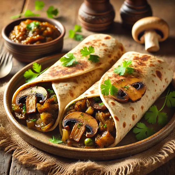 Glutenvrije Indiase wrap, licht geroosterd en gevuld met kruidig gebakken champignons en uien. Geserveerd met verse koriander en een schaaltje chutney op een keramisch bord, in een warme, huiselijke setting.
