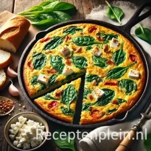 Een goudbruine Italiaanse frittata met spinazie, puntpaprika en geitenkaas, in punten gesneden en geserveerd in een pan met stokbroodplakken op een rustieke houten tafel.