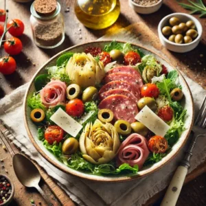Frisse Italiaanse salade met dunne plakjes pastrami, gemarineerde artisjokharten, cherrytomaatjes, gemengde sla en olijven. Afgewerkt met geschaafde Parmezaan en een drizzle olijfolie, geserveerd in een wit keramisch bord met zomerse uitstraling.