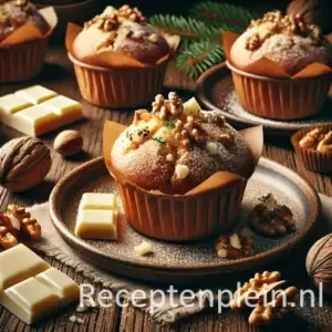 Een hyperrealistische foodfoto van goudbruine kerst-muffins met stukjes witte chocolade en walnoten, bestoven met poedersuiker en geserveerd op een donkere houten tafel met chocolade, walnoten en een takje den eromheen.