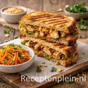Knapperige kip-saté tosti met wortelrauwkost op een houten plank, gevuld met gegrilde kip, satésaus en frisse groenten, geserveerd op een rustieke houten tafel met een schaaltje wortelsalade, pinda’s, verse kruiden en een kom satésaus bij warm natuurlijk licht.