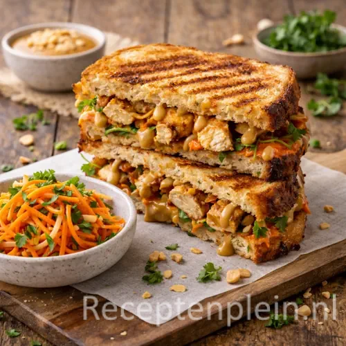 Knapperige kip-saté tosti met wortelrauwkost op een houten plank, gevuld met gegrilde kip, satésaus en frisse groenten, geserveerd op een rustieke houten tafel met een schaaltje wortelsalade, pinda’s, verse kruiden en een kom satésaus bij warm natuurlijk licht.