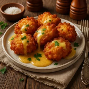 Knapperige witlofbeignets met een romige kaassaus, gegarneerd met peterselie en geserveerd op een rustieke houten tafel.