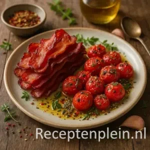 Fotorealistische 600×600 foodfoto van golvende, knapperige baconsneetjes op een mat off-white keramisch bord naast geroosterde cherrytomaten gekruid met knoflook, oregano en chilivlokken; kleine plasje kruidige olijfolie met kruiden en een schaaltje specerijen zacht onscherp op de achtergrond; warme zij-/tegenlichtbelichting, geringe scherptediepte; op dezelfde rustieke houten planktafel; geen tekst op de afbeelding.