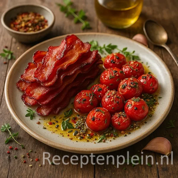 Fotorealistische 600×600 foodfoto van golvende, knapperige baconsneetjes op een mat off-white keramisch bord naast geroosterde cherrytomaten gekruid met knoflook, oregano en chilivlokken; kleine plasje kruidige olijfolie met kruiden en een schaaltje specerijen zacht onscherp op de achtergrond; warme zij-/tegenlichtbelichting, geringe scherptediepte; op dezelfde rustieke houten planktafel; geen tekst op de afbeelding.