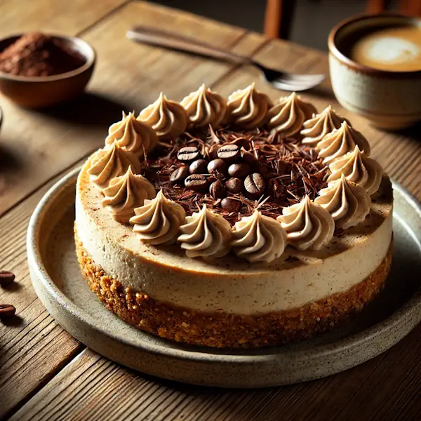 Glutenvrije kaastaart met koffiesmaak en romige vulling, afgewerkt met een lichte koffieswirl en chocoladekrullen. De krokante notenkorst is zichtbaar aan de basis. Geserveerd op een keramisch bord met vork, in een warme café-achtige setting.