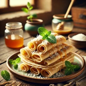Dunne, goudbruine glutenvrije kokosflensjes, netjes opgestapeld en deels opgerold, besprenkeld met honing en bestrooid met geraspte kokos. Afgewerkt met verse muntblaadjes, geserveerd op een keramisch bord in een warme, huiselijke setting.