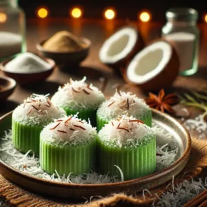 Traditionele gestoomde rijstcakejes (Kue Putu) met palmsuikervulling en pandan, afgewerkt met geraspte kokos. Cilindervormig en groen van kleur, geserveerd op een keramisch bord met extra kokos, in een warme en feestelijke setting.