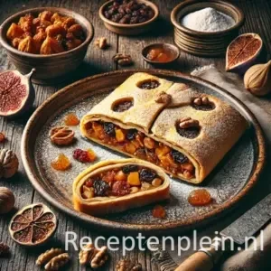 Een hyperrealistische foodfoto van La Gubana, een Italiaanse vruchtenstrudel met een rijke vulling van gedroogd fruit en noten in goudbruin deeg, bestoven met poedersuiker en geserveerd op een donkere houten tafel met vijgen, walnoten en rozijnen eromheen.