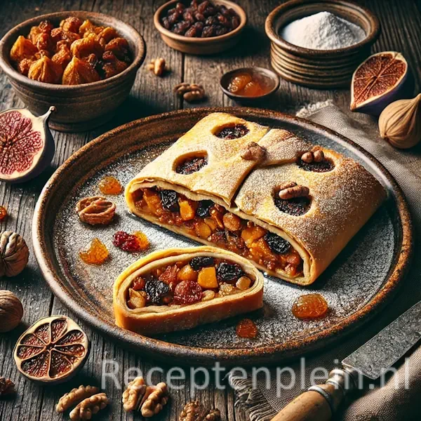 Een hyperrealistische foodfoto van La Gubana, een Italiaanse vruchtenstrudel met een rijke vulling van gedroogd fruit en noten in goudbruin deeg, bestoven met poedersuiker en geserveerd op een donkere houten tafel met vijgen, walnoten en rozijnen eromheen.