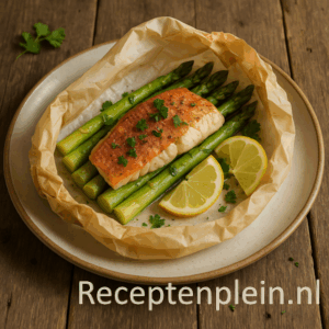 Een stuk roodbaarsfilet met verse groene asperges en citroenpartjes, gegaard in de oven in bakpapier, gegarneerd met peterselie en geserveerd op een rustiek keramieken bord boven een houten tafel.