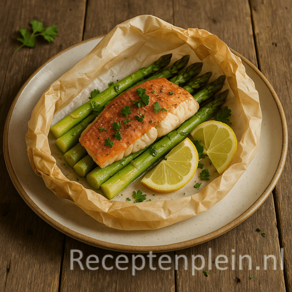 Een stuk roodbaarsfilet met verse groene asperges en citroenpartjes, gegaard in de oven in bakpapier, gegarneerd met peterselie en geserveerd op een rustiek keramieken bord boven een houten tafel.