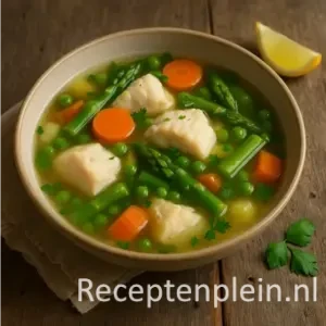 Een kom heldere bouillon met malse stukken kabeljauw, aspergepunten, wortelschijfjes en doperwten, gegarneerd met peterselie en geserveerd met een partje citroen op een rustieke houten tafel.