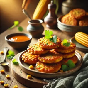 Goudbruine, glutenvrije maiskoekjes, knapperig van buiten en zacht van binnen. Opgestapeld op een keramisch bord, gegarneerd met verse koriander en geserveerd met een schaaltje dipsaus, in een warme en huiselijke setting.