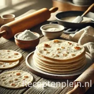 Verse Mexicaanse tortilla’s op bord met deegroller en bloem op houten tafel, warm en huiselijk gepresenteerd.