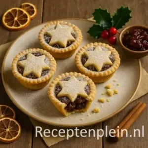 Vier goudbruine mince pies met een stervormige korst en poedersuiker, gevuld met gekruide vruchtenvulling, geserveerd op een beige keramieken bord met kerstdecoraties zoals hulst, gedroogde sinaasappel en kaneel op een houten tafel.