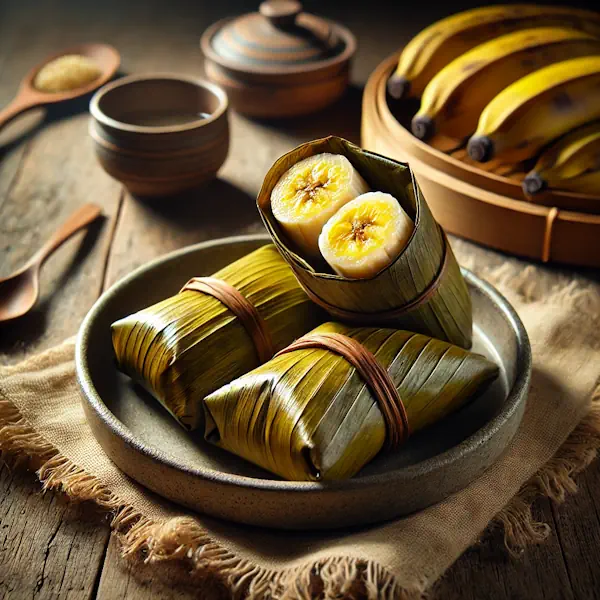 Traditionele Indonesische lekkernij: zachte, zoete bananen verpakt in rijstbloemdeeg en gestoomd in bananenblad. Een deel van de pakketjes geopend om de banaan zichtbaar te maken, geserveerd op een keramisch bord met extra bananenblad als garnering, op een rustieke houten tafel in helder natuurlijk licht.