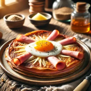 Dunne, goudbruine boekweitgalettes gevuld met ham, gesmolten kaas en een spiegelei in het midden. Licht krokant aan de randen en zacht van binnen, geserveerd op een keramisch bord op een rustieke houten tafel in warm natuurlijk licht.