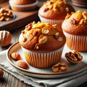 Haarscherpe afbeelding van goudbruine glutenvrije muffins met walnoten en amandelen, geserveerd op een wit keramisch bord met enkele noten ernaast. Geplaatst op een rustieke houten tafel met een linnen servet, vastgelegd in helder natuurlijk licht.