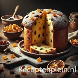 Een hyperrealistische foodfoto van panettone, Italiaans kerstbrood, goudbruin en luchtig met rozijnen en sukade, opengesneden en bestoven met poedersuiker, geserveerd op een donkere houten tafel met gedroogd fruit en sinaasappel eromheen.