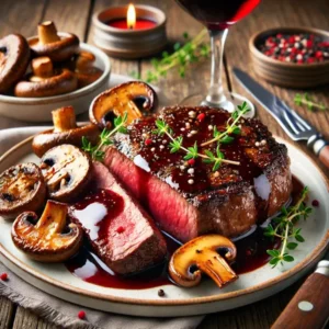 Sappige ribeye, medium-rare gegaard en overgoten met een rijke Merlot-reductiesaus, geserveerd met goudbruin gebakken shii-take paddenstoelen. Afgewerkt met verse tijm op een wit keramisch bord, met een glas rode wijn op de achtergrond.