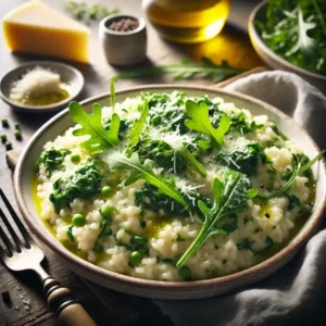 Romige Italiaanse risotto met raapstelen en rucola, afgewerkt met een scheutje olijfolie en geraspte Parmezaanse kaas. Geserveerd op een wit keramisch bord met vork, in een warme en gezellige eetsfeer.