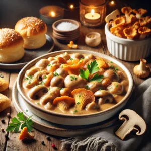 Fluweelzachte ragout van Hollandse paddenstoelen zoals cantharellen, oesterzwammen en champignons. Geserveerd in een wit keramisch kommetje met een takje peterselie erbovenop, vergezeld van pasteibakjes of knapperig brood, in een warme huiselijke setting.