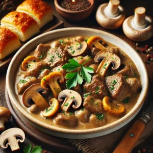 Romige ragout met mals kalfsvlees en een mix van paddenstoelen zoals cantharellen, oesterzwammen en champignons. Geserveerd in een wit keramisch kommetje met peterselie erbovenop, met pasteibakjes of brood ernaast, in een warme en huiselijke sfeer.