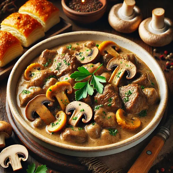Romige ragout met mals kalfsvlees en een mix van paddenstoelen zoals cantharellen, oesterzwammen en champignons. Geserveerd in een wit keramisch kommetje met peterselie erbovenop, met pasteibakjes of brood ernaast, in een warme en huiselijke sfeer.