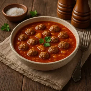 Kom met snelroer tomatensoep gevuld met gehaktballetjes en stukjes groenten, gegarneerd met peterselie en geserveerd op een rustieke houten tafel.