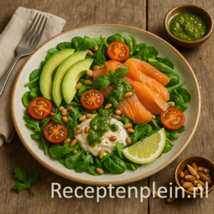 Een frisse salade met gerookte zalm, avocado, kerstomaatjes, geroosterde pijnboompitten en een romige groene pestodressing, geserveerd op een keramieken bord boven een houten tafel, met een kommetje pesto en een linnen servet met vork.
