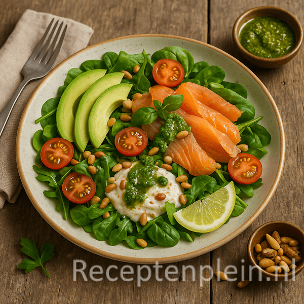 Een frisse salade met gerookte zalm, avocado, kerstomaatjes, geroosterde pijnboompitten en een romige groene pestodressing, geserveerd op een keramieken bord boven een houten tafel, met een kommetje pesto en een linnen servet met vork.