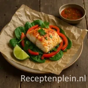 Een kabeljauwfilet gegaard in bakpapier, geserveerd met spinazie, rode paprika, koriander en een pittige saus, op een rustieke houten tafel met een partje limoen.